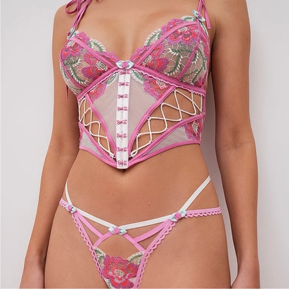 NWT 2 Pc Festival Floral Bustier & Thong Panty Size Large Pink & White - Picture 6 of 13